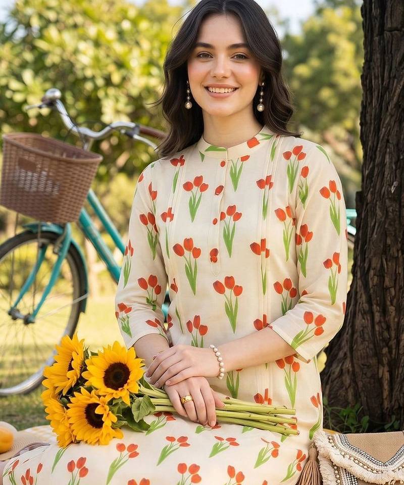 women floral printed regular cotton kurta with trousers