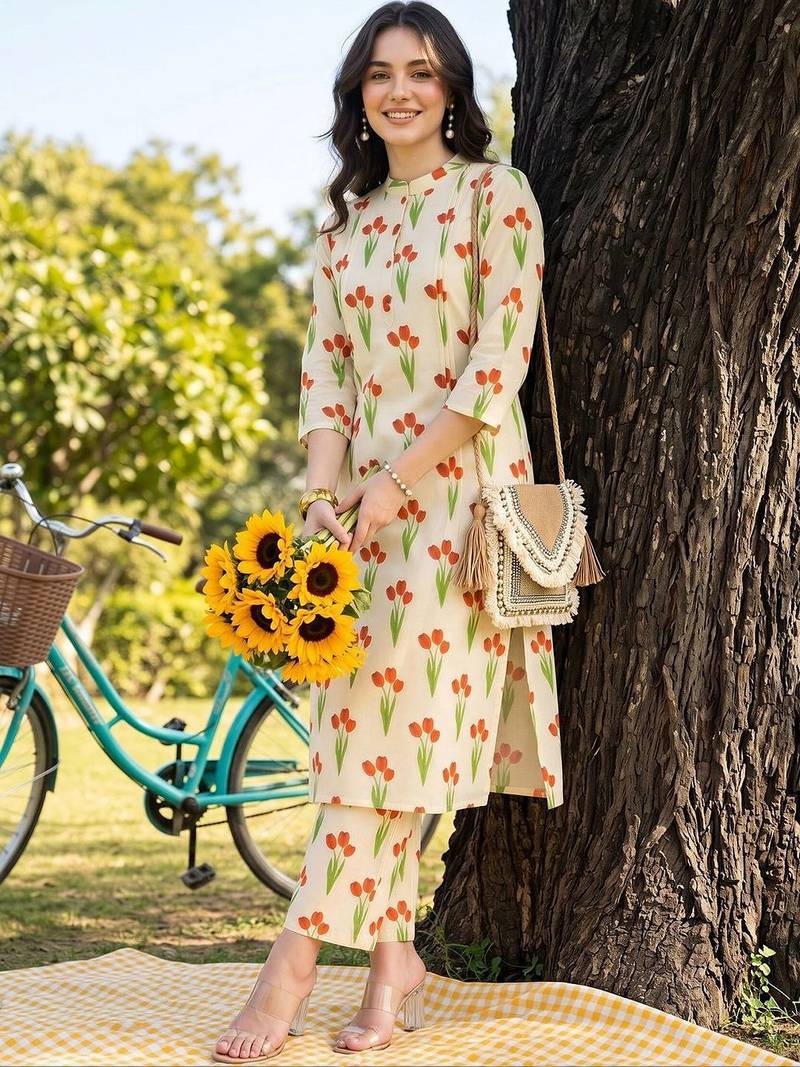 women floral printed regular cotton kurta with trousers