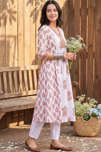 women ethnic motifs printed empire cotton kurta with trousers