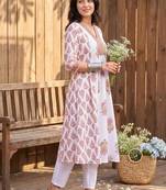 women ethnic motifs printed empire cotton kurta with trousers