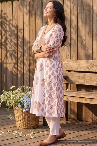 women ethnic motifs printed empire cotton kurta with trousers