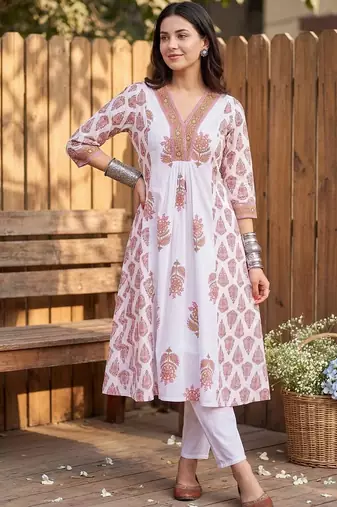 women ethnic motifs printed empire cotton kurta with trousers