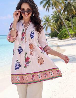 women floral printed pleated cotton kurta with trousers 2