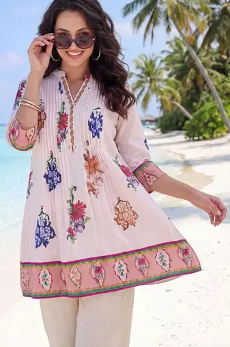 women floral printed pleated cotton kurta with trousers