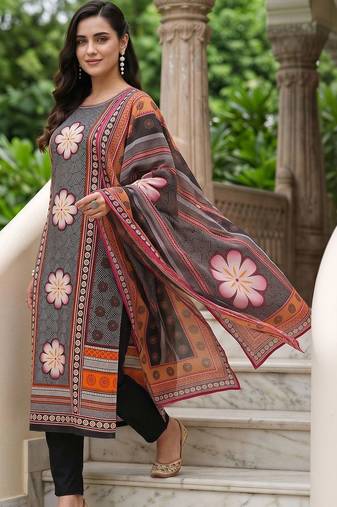 women floral printed regular cotton kurta with trousers & with dupatta
