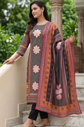 women floral printed regular cotton kurta with trousers & with dupatta