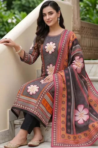 women floral printed regular cotton kurta with trousers & with dupatta