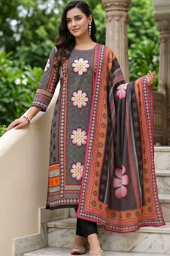women floral printed regular cotton kurta with trousers & with dupatta