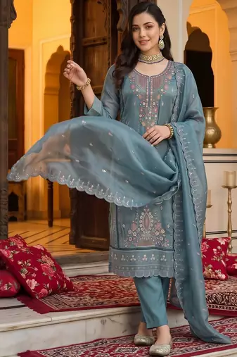 women ethnic motifs embroidered regular thread work kurta with trousers & with dupatta