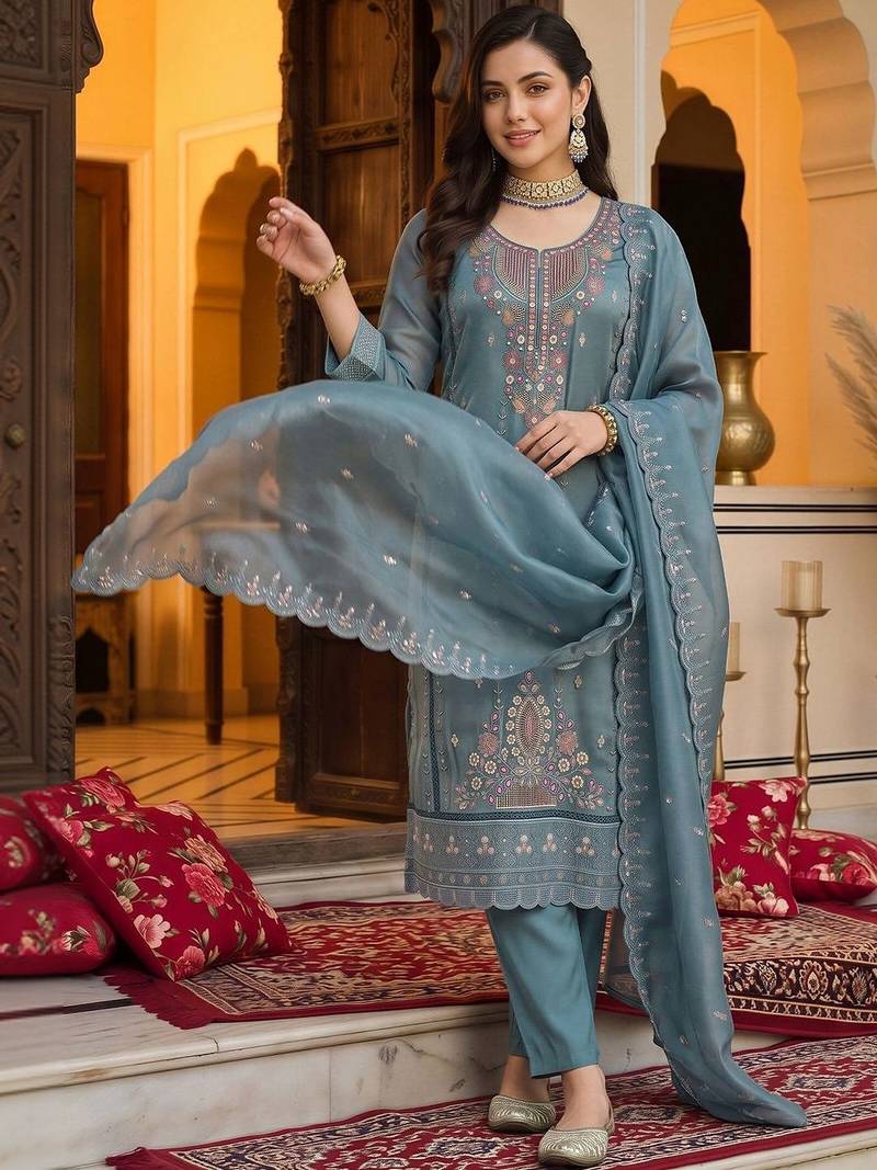 women ethnic motifs embroidered regular thread work kurta with trousers & with dupatta