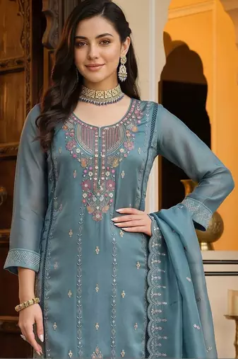 women ethnic motifs embroidered regular thread work kurta with trousers & with dupatta