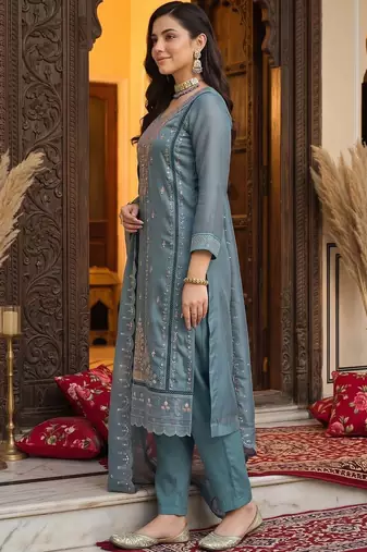 women ethnic motifs embroidered regular thread work kurta with trousers & with dupatta