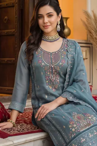 women ethnic motifs embroidered regular thread work kurta with trousers & with dupatta