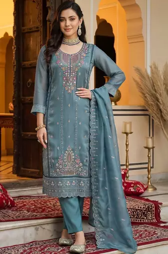 women ethnic motifs embroidered regular thread work kurta with trousers & with dupatta