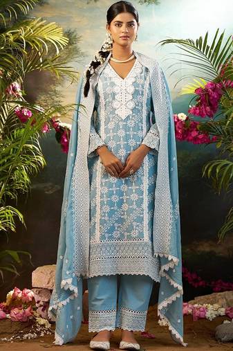 women ethnic motifs embroidered regular thread work cotton kurta with trousers & with dupatta