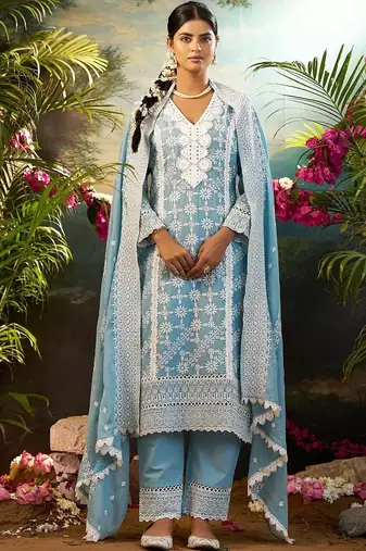 women ethnic motifs embroidered regular thread work cotton kurta with trousers & with dupatta