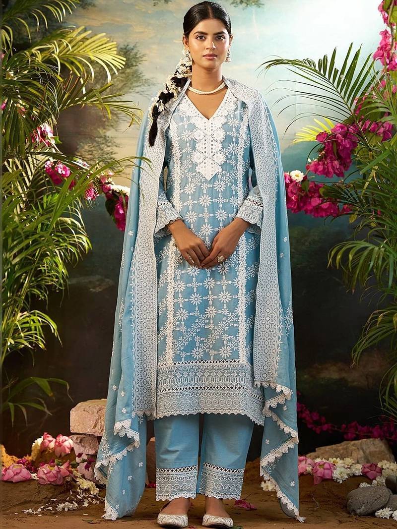 women ethnic motifs embroidered regular thread work cotton kurta with trousers & with dupatta