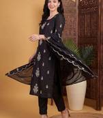 women ethnic motifs embroidered regular thread work kurta with trousers & with dupatta