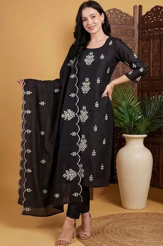 women ethnic motifs embroidered regular thread work kurta with trousers & with dupatta