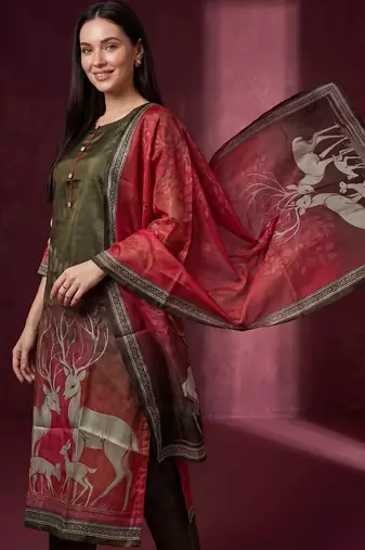 women ethnic motifs printed regular kurta with trousers & with dupatta