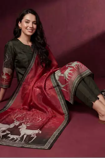 women ethnic motifs printed regular kurta with trousers & with dupatta