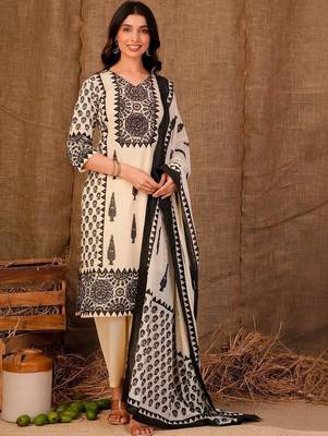 women ethnic motifs printed regular sequinned cotton kurta with trousers & with dupatta 1