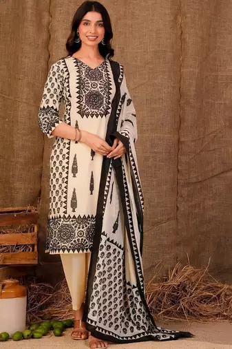 women ethnic motifs printed regular sequinned cotton kurta with trousers & with dupatta