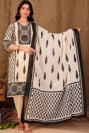 women ethnic motifs printed regular sequinned cotton kurta with trousers & with dupatta