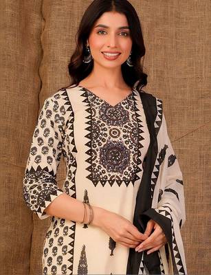 women ethnic motifs printed regular sequinned cotton kurta with trousers & with dupatta 3