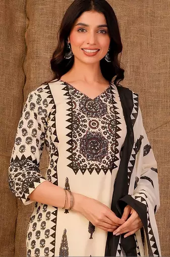 women ethnic motifs printed regular sequinned cotton kurta with trousers & with dupatta