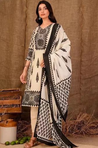women ethnic motifs printed regular sequinned cotton kurta with trousers & with dupatta