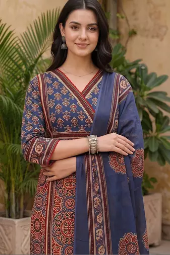 women ethnic motifs printed angrakha cotton kurta with trousers & with dupatta