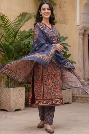 women ethnic motifs printed angrakha cotton kurta with trousers & with dupatta