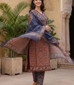 women ethnic motifs printed angrakha cotton kurta with trousers & with dupatta