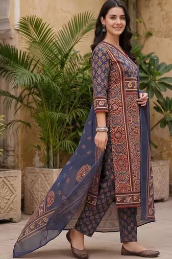 women ethnic motifs printed angrakha cotton kurta with trousers & with dupatta