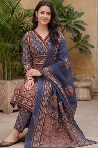 women ethnic motifs printed angrakha cotton kurta with trousers & with dupatta