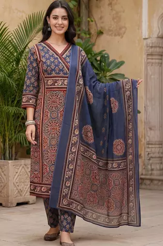 women ethnic motifs printed angrakha cotton kurta with trousers & with dupatta