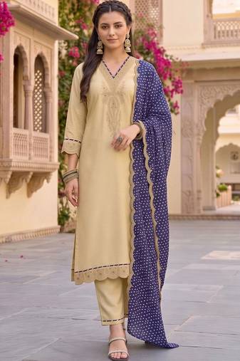 women ethnic motifs embroidered regular thread work kurta with trousers & with dupatta