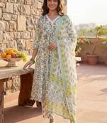 women floral printed empire cotton kurta with trousers & with dupatta