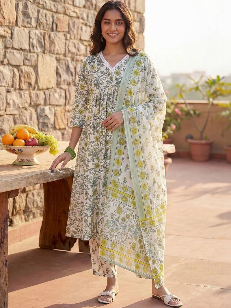 women floral printed empire cotton kurta with trousers & with dupatta