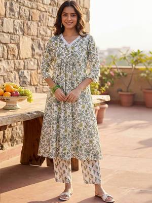 women floral printed empire cotton kurta with trousers & with dupatta 6