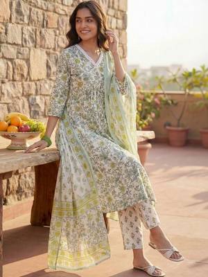 women floral printed empire cotton kurta with trousers & with dupatta 7