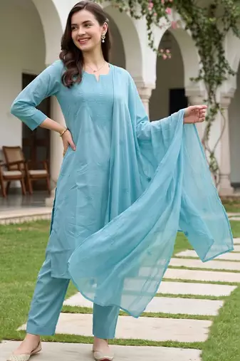 women ethnic motifs embroidered regular thread work cotton kurta with trousers & with dupatta