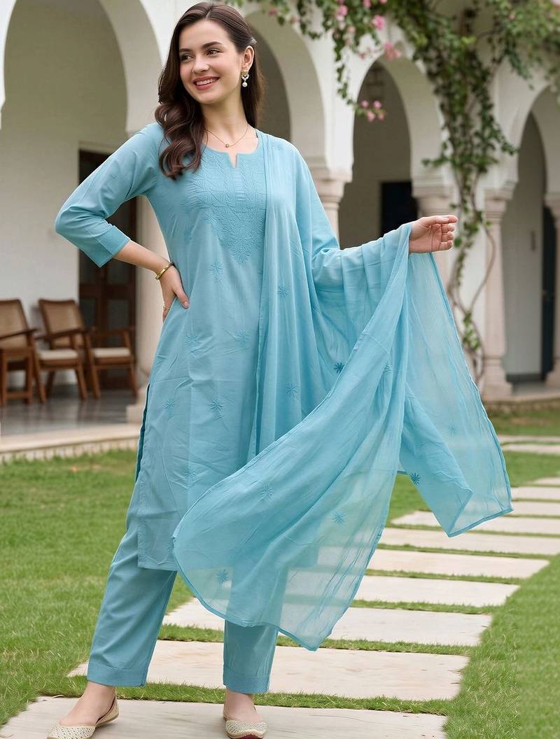 women ethnic motifs embroidered regular thread work cotton kurta with trousers & with dupatta