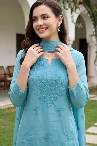 women ethnic motifs embroidered regular thread work cotton kurta with trousers & with dupatta