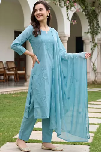 women ethnic motifs embroidered regular thread work cotton kurta with trousers & with dupatta
