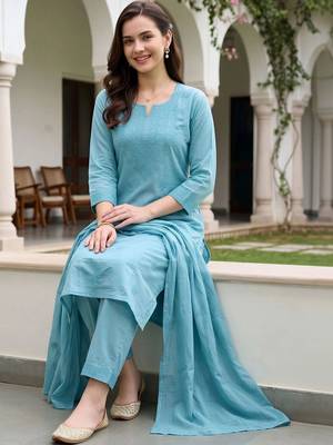 women ethnic motifs embroidered regular thread work cotton kurta with trousers & with dupatta 5