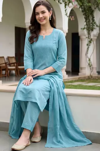 women ethnic motifs embroidered regular thread work cotton kurta with trousers & with dupatta