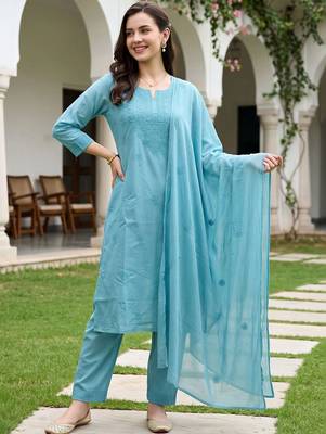 women ethnic motifs embroidered regular thread work cotton kurta with trousers & with dupatta 6