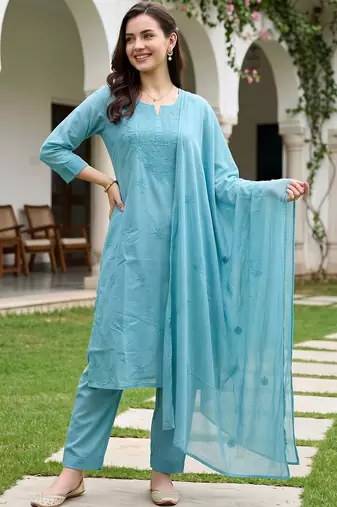 women ethnic motifs embroidered regular thread work cotton kurta with trousers & with dupatta